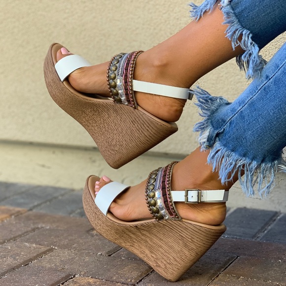 White Leather Boho Embellished Wedge Sandal - Picture 1 of 8